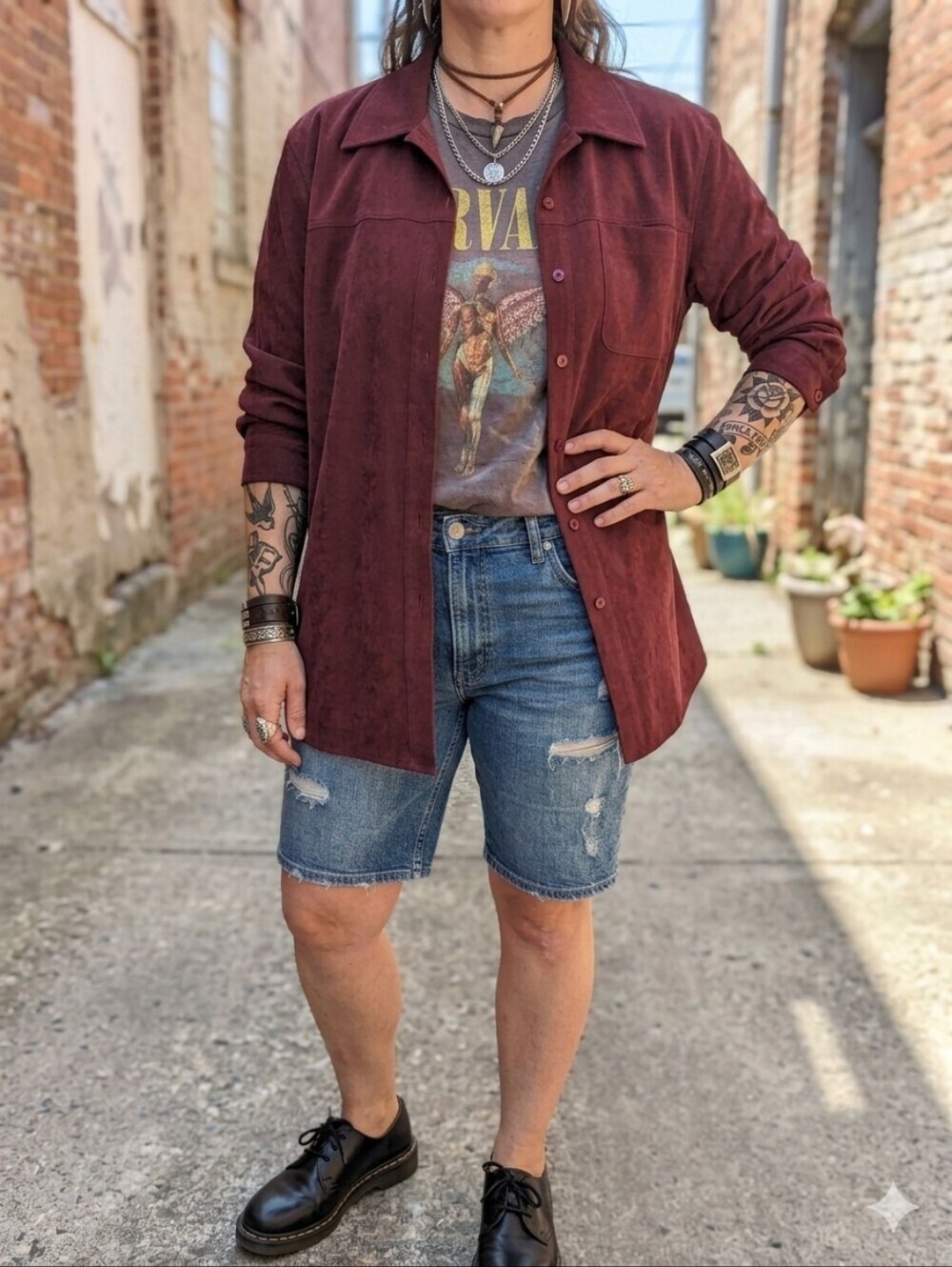 Vintage 90s Alia Sport Burgundy Microsuede Button Up Shirt M Oversized Grunge